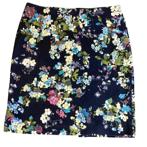 J. Jill Navy Blue Floral Ponte Knit Pull On Pencil Skirt Sz M #328E - Picture 1 of 6